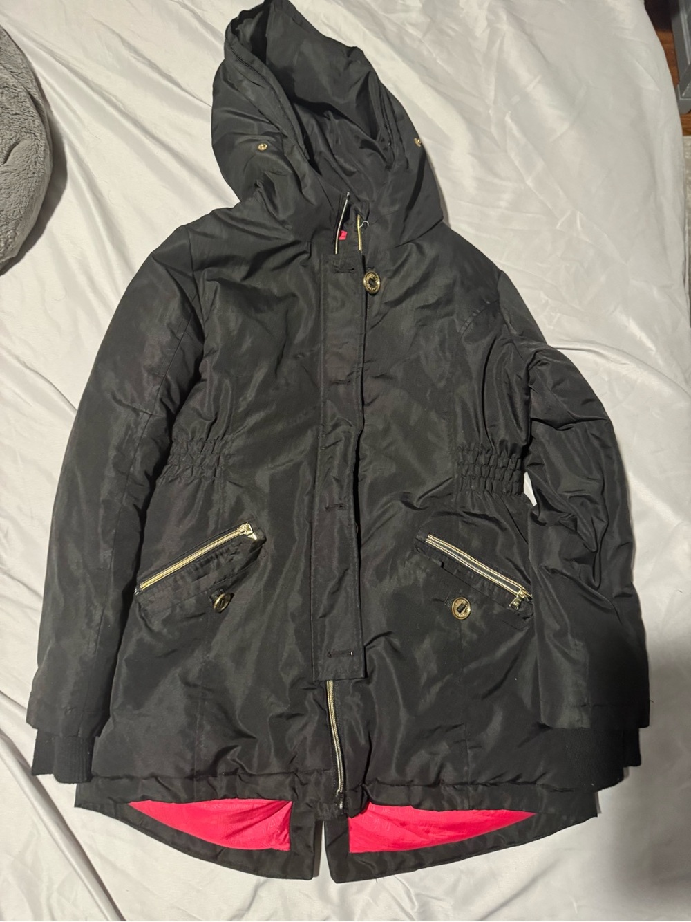 Kids Black Hooded Puffer Coat with Pink Lining